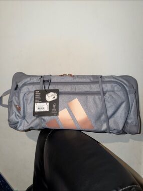 Adidas Gray Duffel Bag with Rose Gold - DEFENDER 5 SMALL DUFFEL BAG.